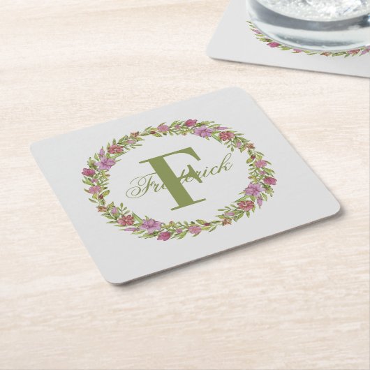 Persoonlijk Roze Groene Bloemige Achternaam Monogr Vierkante Kartonnen Onderzetter (Schuin)