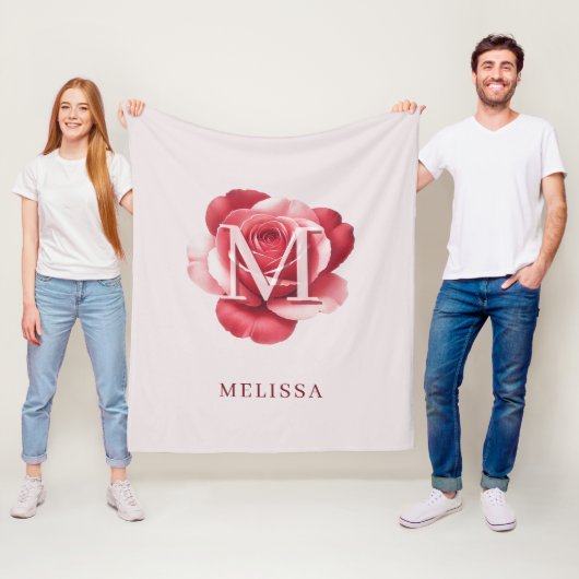 Persoonlijk Roze Roos Monogram Naam Elegante Crème Fleece Deken (In situ)