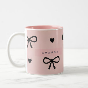 Persoonlijk Roze Strik & Hart Patroon Chic en Scha Tweekleurige Koffiemok