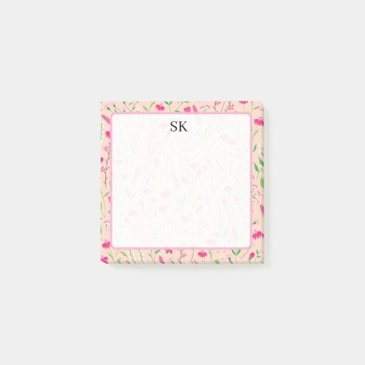 Persoonlijk Roze Wilde Bloem Monogram Post-it® Notes (Voorkant)