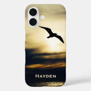 Persoonlijk silhouet van vliegende vogel bij zonso iPhone 16 hoesje