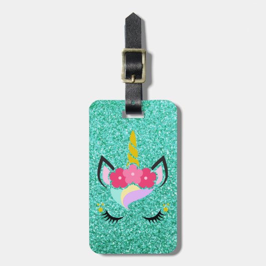 Persoonlijk Unicorn Blauwgroen Glitter Bagagelabel (Voorkant verticaal)
