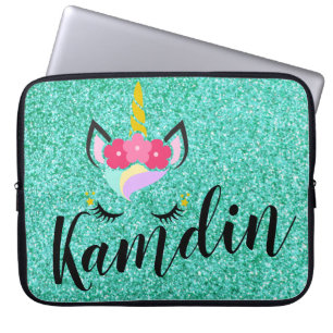 Persoonlijk Unicorn Blauwgroen Glitter Laptop Hoes