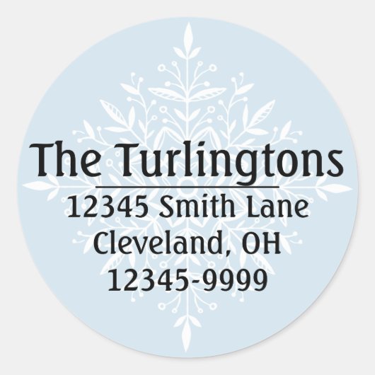 Persoonlijk Wit Snowflake Return-adreslabel Ronde Sticker (Voorkant)