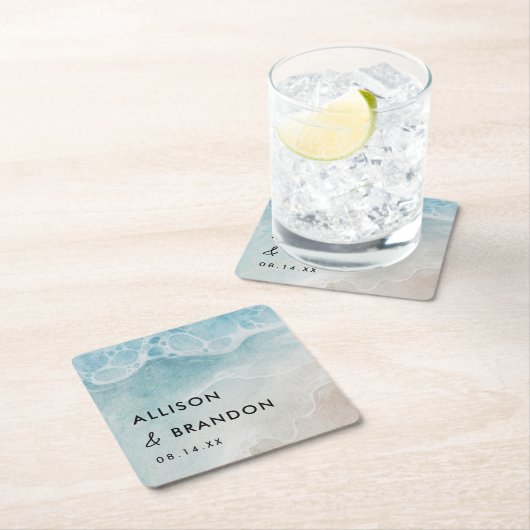 Persoonlijk zomerstrand bruiloft vierkante kartonnen onderzetter (Insitu)