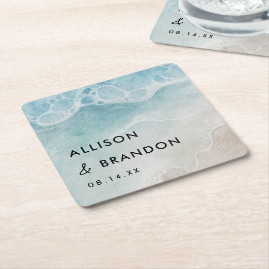 Persoonlijk zomerstrand bruiloft vierkante kartonnen onderzetter (Schuin)