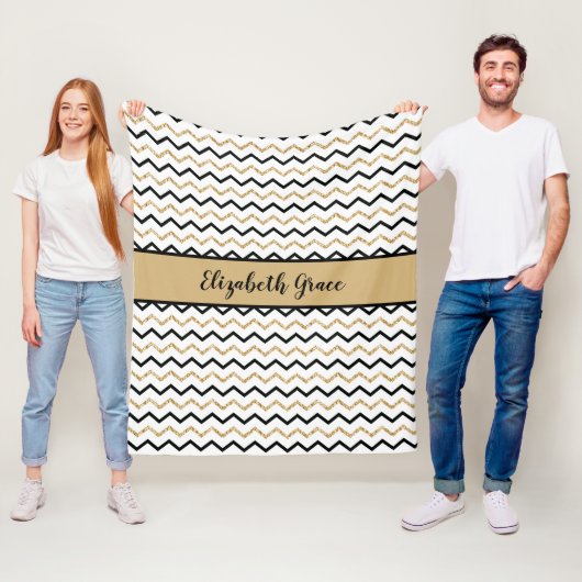 Persoonlijk zwart goud wit Chevron Zig Zag Fleece Deken (In situ)