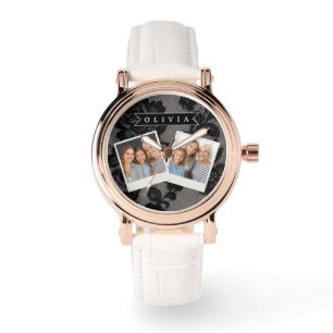 Persoonlijk zwart kant bloemig elegant monogram horloge