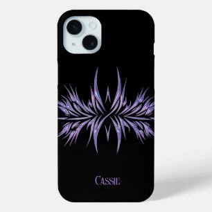 Persoonlijk zwart met paarse tribale design iPhone 15 mini hoesje