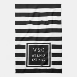 Persoonlijk zwart-wit gestreept monogram theedoek