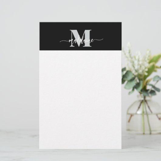 Persoonlijk Zwart Zilver Wit Monogram Briefpapier (Staand voorkant)