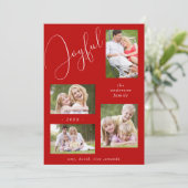 Persoonlijke 4 Foto Chic Script Vrolijke Rood Feestdagenkaart (Staand voorkant)