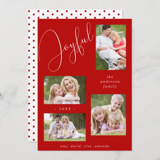 Persoonlijke 4 foto's Chic Script Vrolijke Rood Feestdagenkaart (Voorkant / Achterkant)