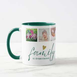 Persoonlijke 6 familiefoto collage groen en goud mok