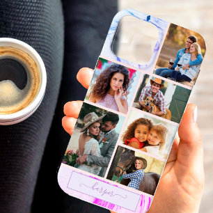 Persoonlijke 6 foto-collage paars roze marmer iPhone 13 pro max hoesje