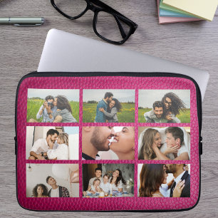 Persoonlijke 9 foto-collage moderne roze leer laptop sleeve
