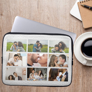 Persoonlijke 9 foto-collage moderne witte leer laptop sleeve