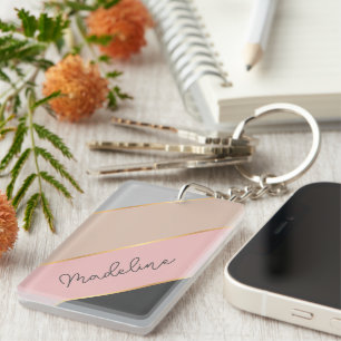 Persoonlijke Aangepaste Naam Koraal Roze Roze Lijn Sleutelhanger