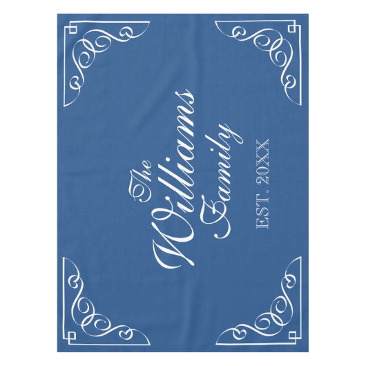 Persoonlijke achternaam blauw en witte tafelkleed (Voorkant)