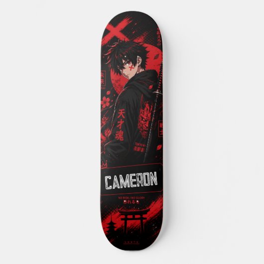 Persoonlijke Anime Zwarte Rode Samurai Skateboard (Voorkant)