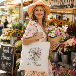 Persoonlijke april geboortebloem Madeliefje Libel Tote Bag