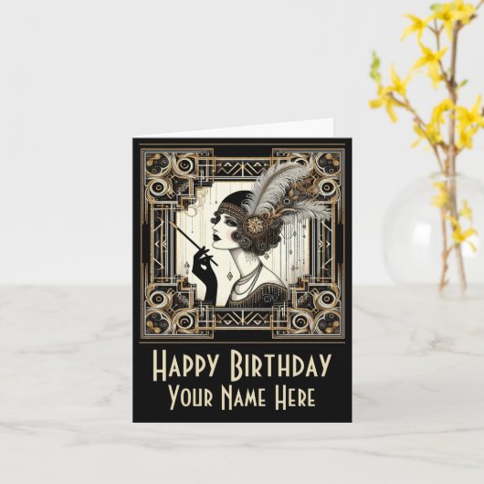 Persoonlijke Art Deco Twintiger Flapper Nr 3 Kaart (Gele Bloem)