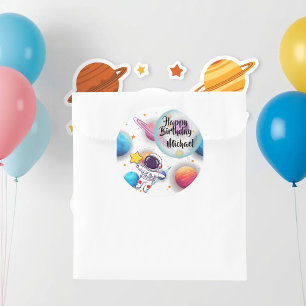 Persoonlijke astronaut en planeten feeststickers ronde sticker