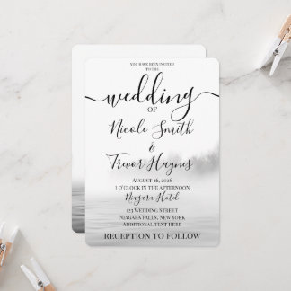 Persoonlijke B&W Meer Mist Calligrafie Bruiloft Kaart