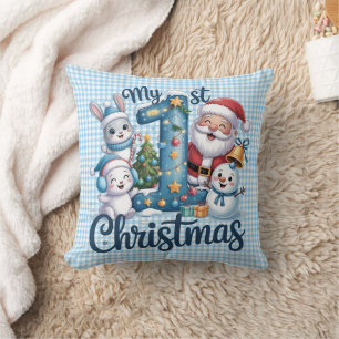 Persoonlijke Baby Blauwe Gingham Mijn Eerste Kerst Kussen