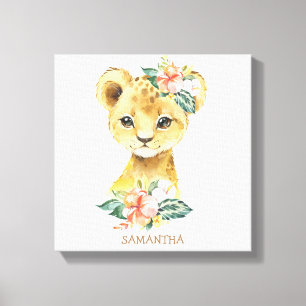 Persoonlijke baby leeuw met tropische bloemen canvas afdruk