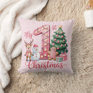 Persoonlijke Baby Roze Gingham Mijn Eerste Kerstmi Kussen