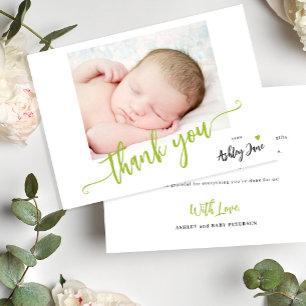 Persoonlijke baby shower foto moderne script bedankkaart