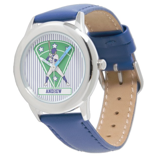 Persoonlijke Baseball Batter Star Blue Horloge (Gekanteld)