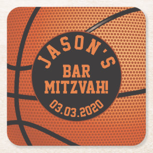 Persoonlijke Basketball Bar Mitzvah Oranje Black Vierkante Kartonnen Onderzetter