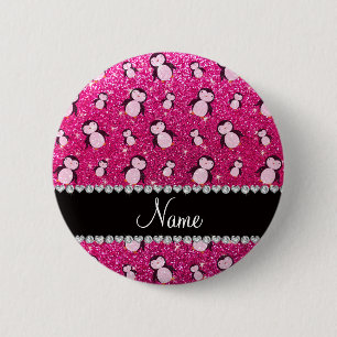 Persoonlijke benaming neon hot roze glitter pingui ronde button 5,7 cm