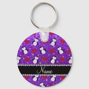 Persoonlijke benaming paarse glitter pinguins hart sleutelhanger