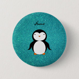 Persoonlijke benaming penguin turquoise glitter ronde button 5,7 cm