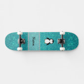 Persoonlijke benaming penguin turquoise glitter skateboard (Horizontaal)