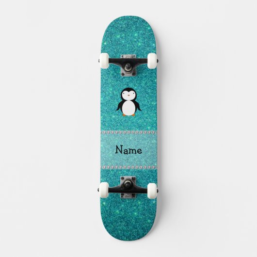 Persoonlijke benaming penguin turquoise glitter skateboard (Voorkant)