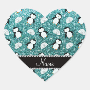Persoonlijke benaming turquoise glitter pinguins i hart sticker