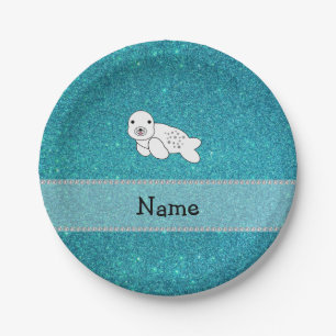 Persoonlijke benaming zegel turquoise glitter papieren bordje
