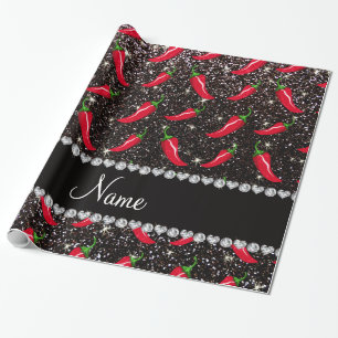 Persoonlijke benaming zwarte glitter chili pepper cadeaupapier
