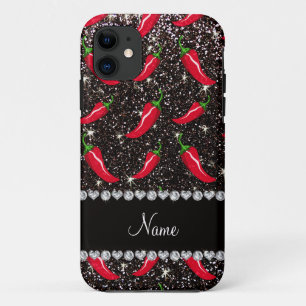 Persoonlijke benaming zwarte glitter chili pepper iPhone 11 hoesje