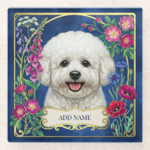 Persoonlijke Bichon Frise Blauwe Bloem Motief Onde Glazen Onderzetter