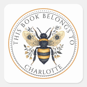 Persoonlijke Bij Bibliotheeknaam met Bloemen Vierkante Sticker