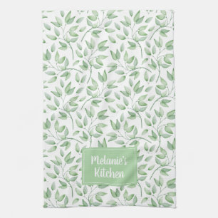 Persoonlijke bladeren in Sage Green Theedoek