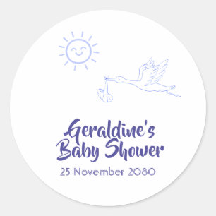 Persoonlijke blauwe baby shower ronde sticker