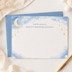 Persoonlijke blauwe babyshower bedankkaart notitiekaartje