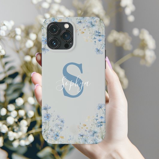 Persoonlijke Blauwe Bloem Monogram Case-Mate iPhone Case