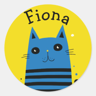 Persoonlijke Blauwe en Gele Moderne Cartoon Kat Ronde Sticker